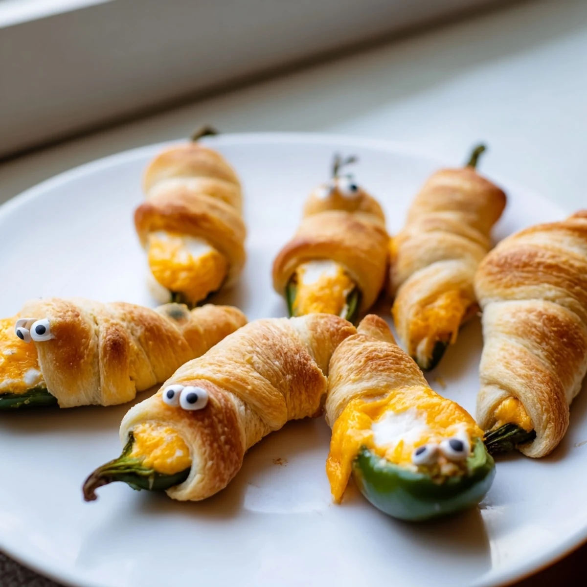 Adorable mummy jalapeño poppers topped with candy eyes served warm with creamy dipping sauces on a Halloween party platter