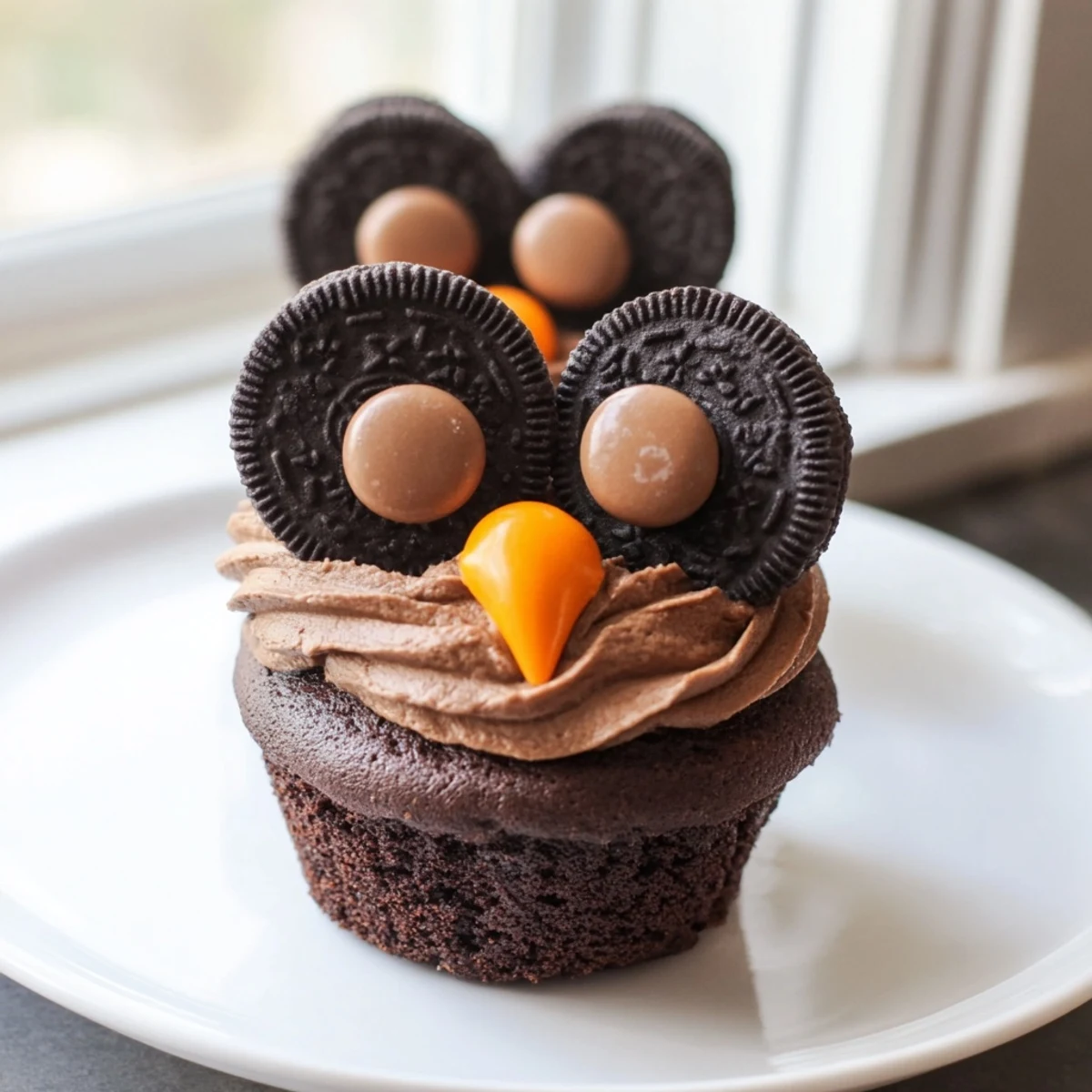 Cute Oreo owl cupcakes with chocolate frosting and candy eyes on a rustic serving tray