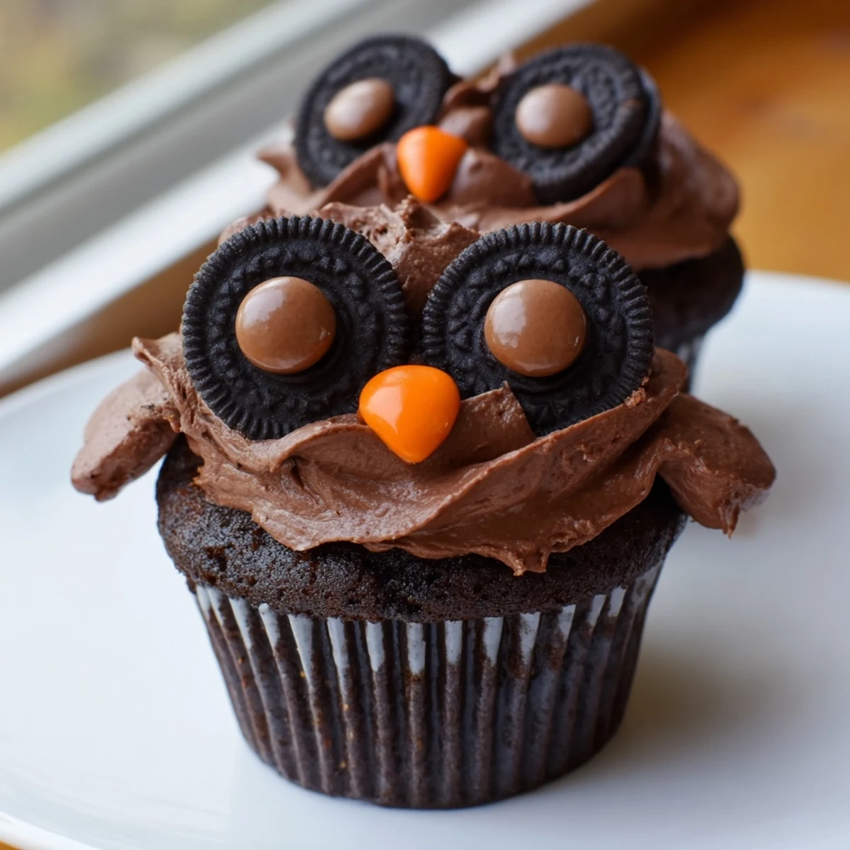 Adorable Oreo owl cupcakes featuring cookie eyes and orange candy beaks topped with whipped frosting