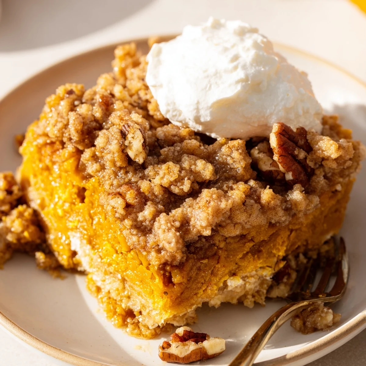 Golden pumpkin dump cake with buttery pecan topping served warm in a baking dish