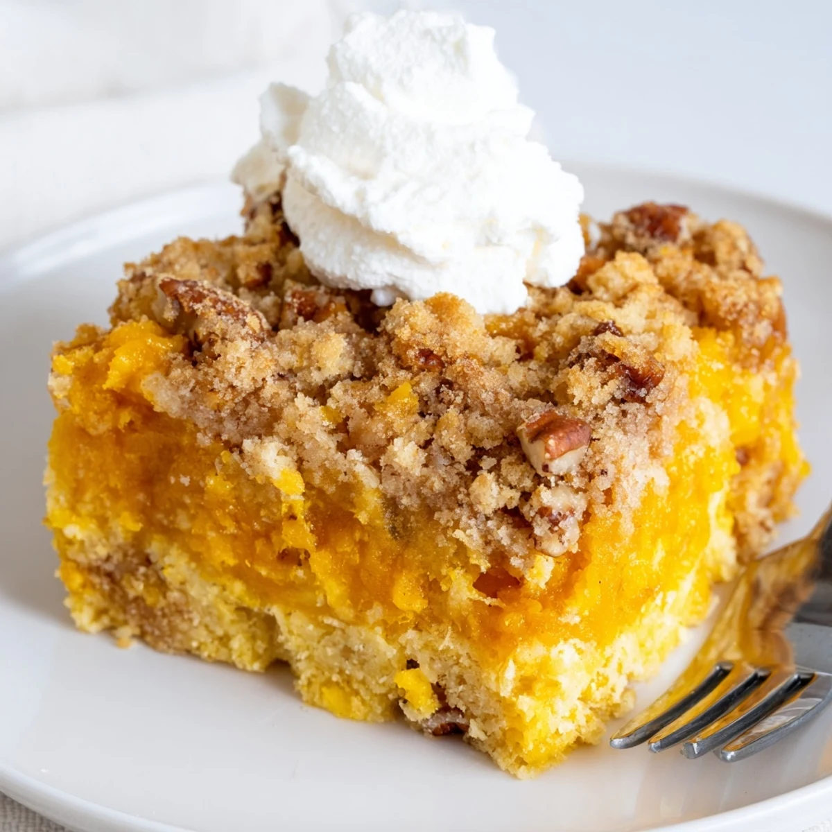 Creamy spiced pumpkin dump cake scooped into a bowl with vanilla ice cream