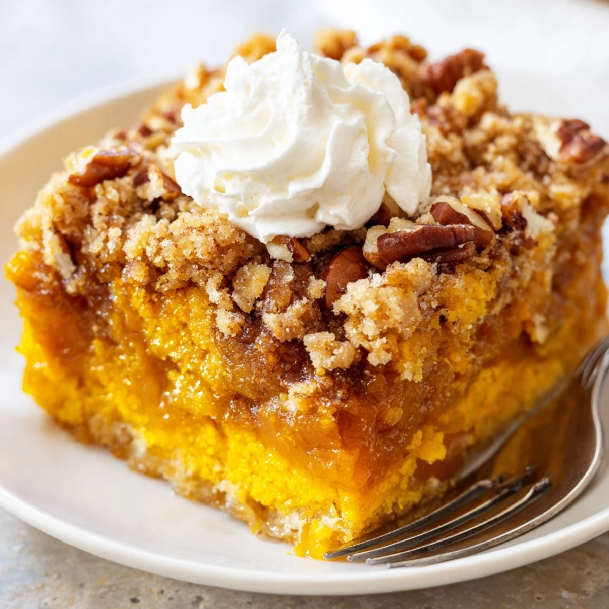 Warm pumpkin dump cake with a crinkly golden crust dusted with cinnamon