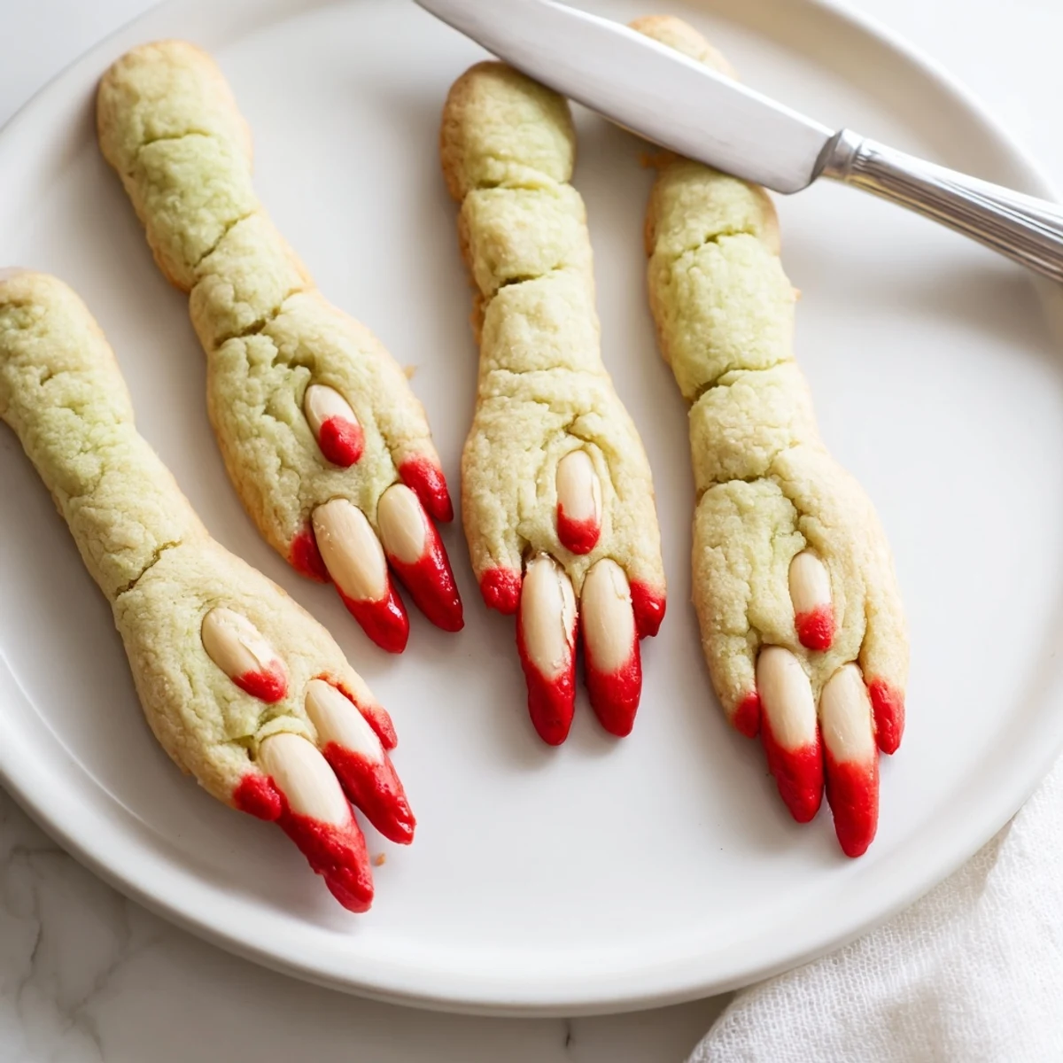 Creepy Witch Finger Cookies with bloody almond nails on a rustic baking sheet