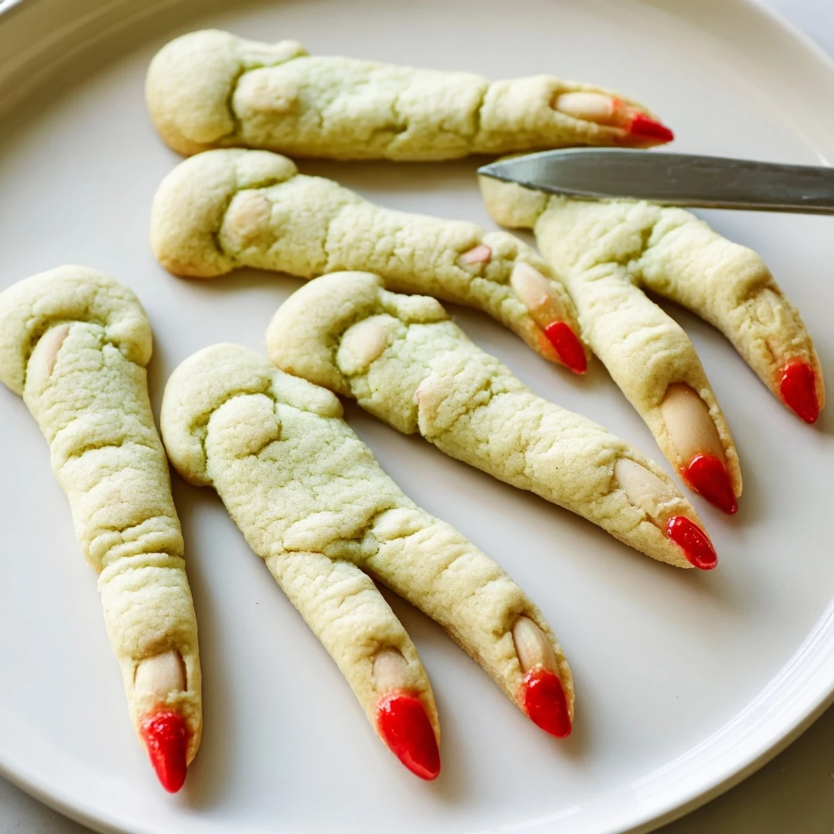 Golden creepy witch finger cookies arranged on a spooky Halloween dessert platter