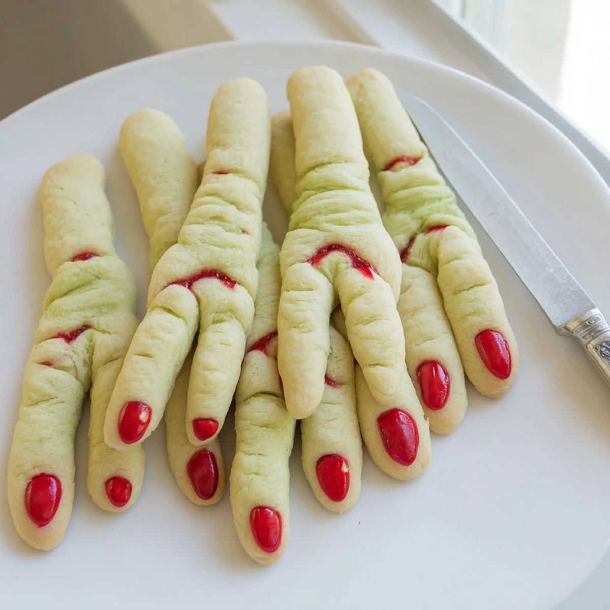 Close-up of creepy witch finger cookies with red jam dripping from knuckles