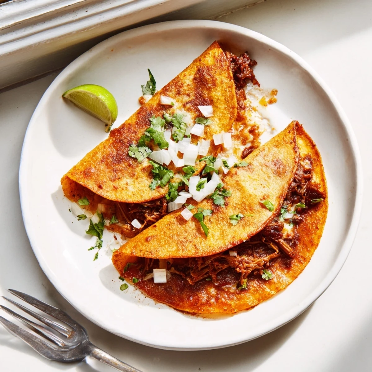 Crispy slow cooker birria tacos filled with shredded beef and melted cheese