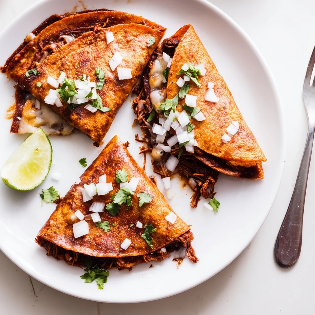 Slow cooker birria tacos garnished with fresh cilantro, onion, and lime wedges