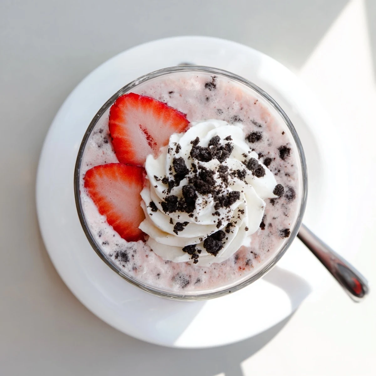 Thick pink strawberry Oreo milkshake topped with whipped cream in a chilled glass