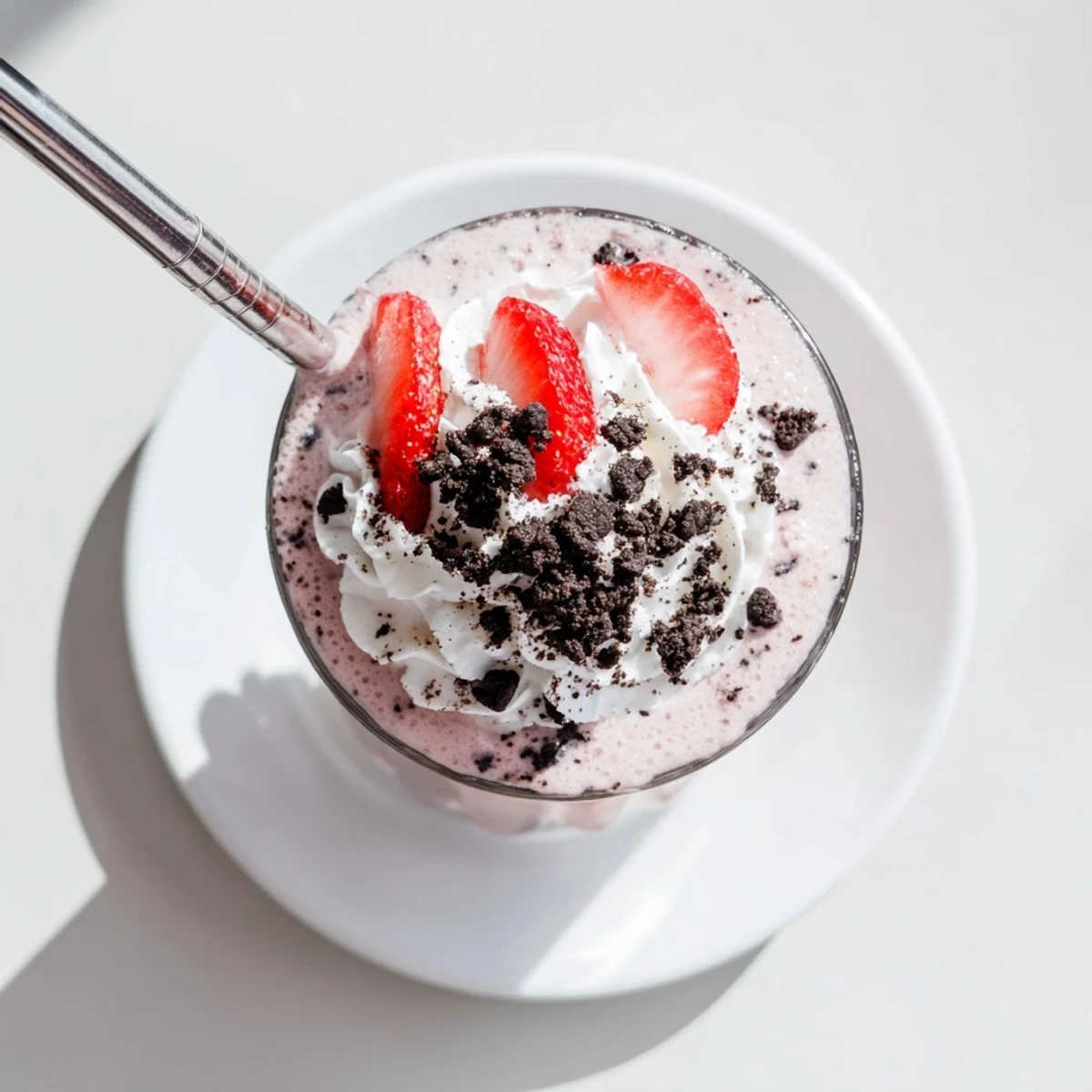 Creamy strawberry Oreo milkshake drizzled with crushed cookies and fresh strawberry slices
