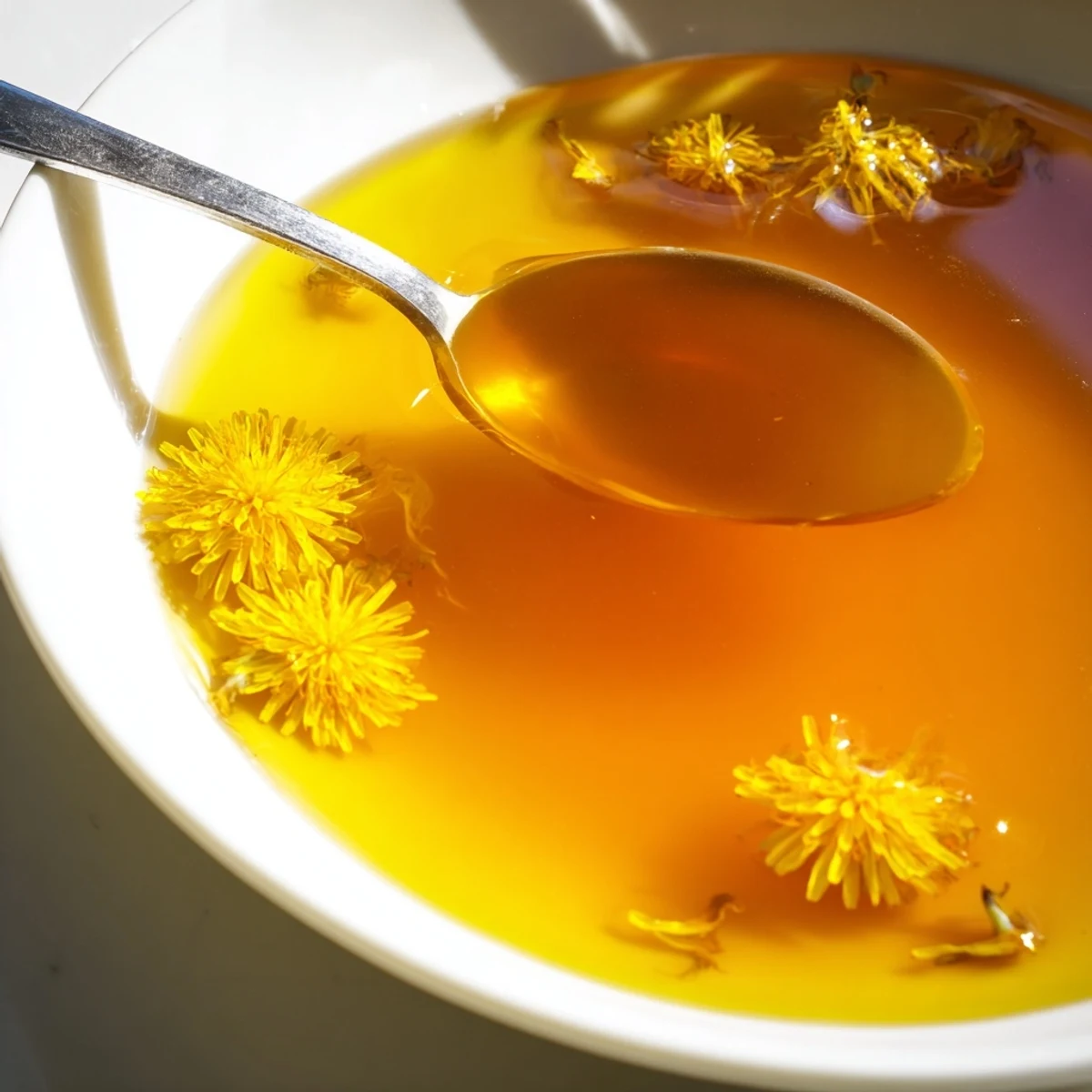 Warm homemade fresh dandelion jelly glowing in a sunlit glass canning jar
