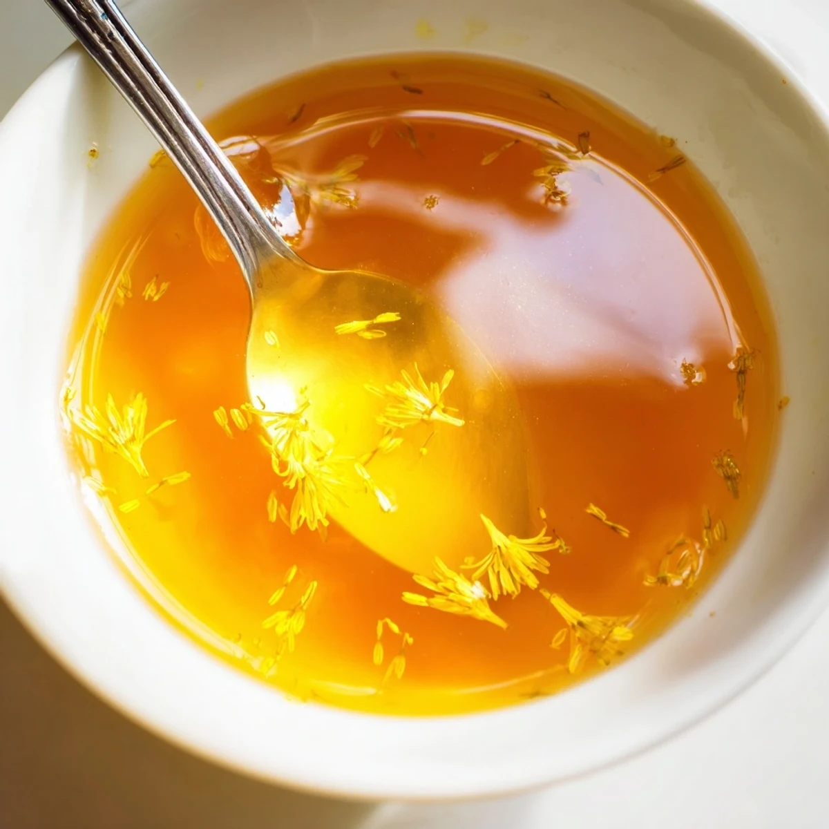 Golden homemade fresh dandelion jelly spooned onto a slice of toasted bread