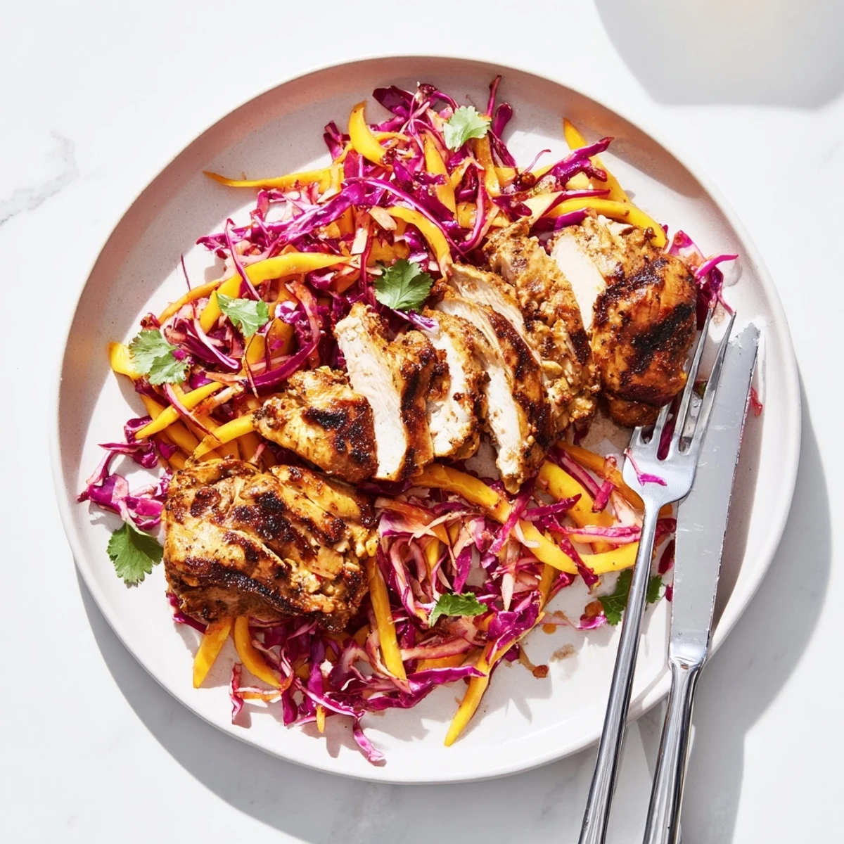 Charred spicy jerk chicken sliced over a crisp colorful mango slaw