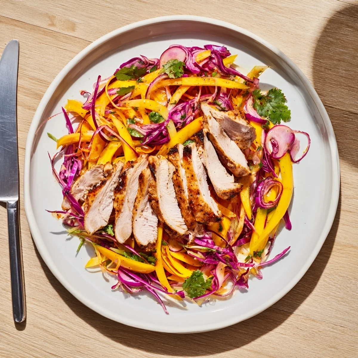 Grilled jerk chicken thighs plated with sweet tangy mango cabbage slaw