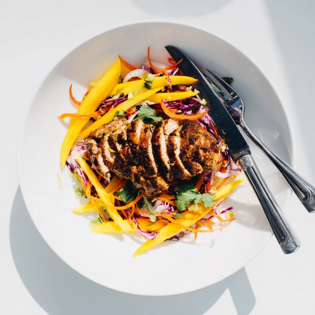 Smoky jerk chicken resting beside a vibrant mango and red cabbage slaw