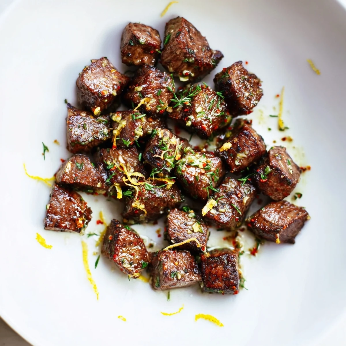 Cowboy Butter Steak Bites sizzling in skillet, garlicky butter coating, fresh herbs  