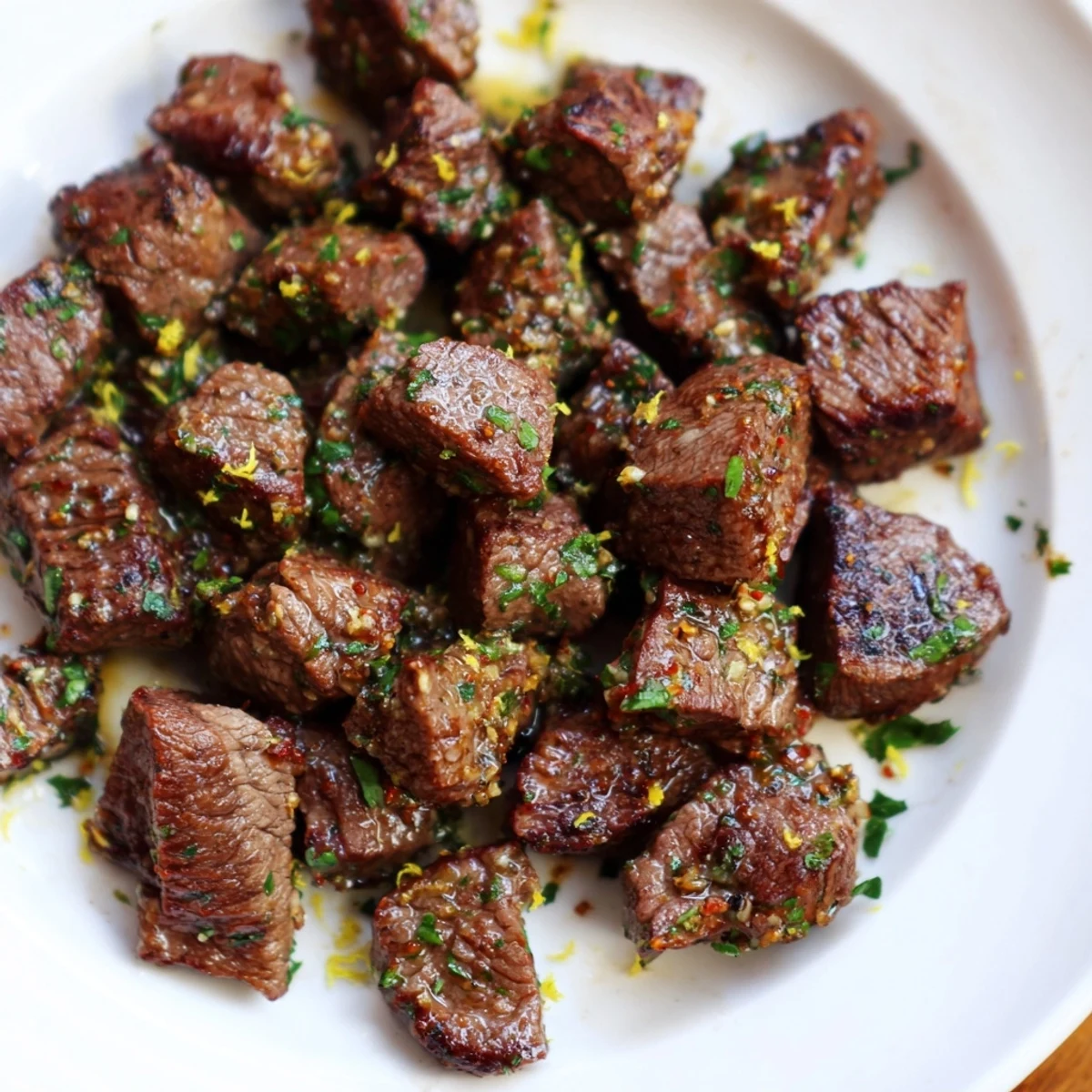 Family-style Cowboy Butter Steak Bites tossed in zesty butter, perfect with potatoes