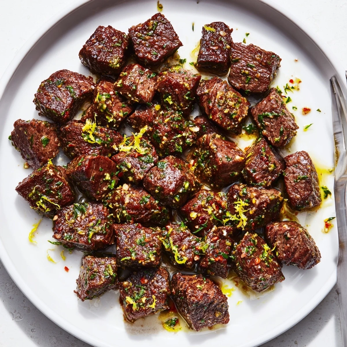 Plated Cowboy Butter Steak Bites recipe with charred edges, lemon zest, parsley garnish  