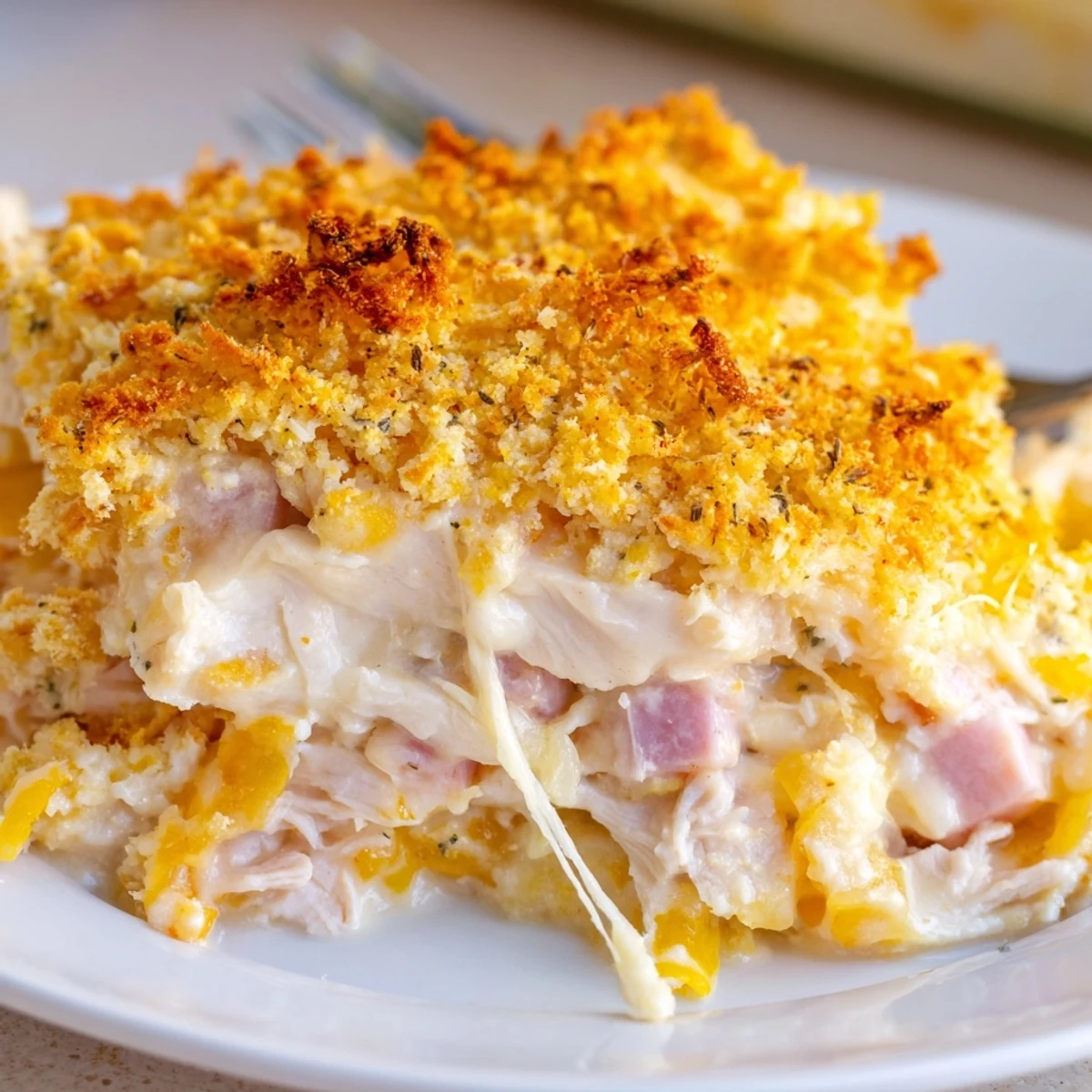 Steaming, bubbly Chicken Cordon Bleu Casserole with crispy Panko breadcrumb topping