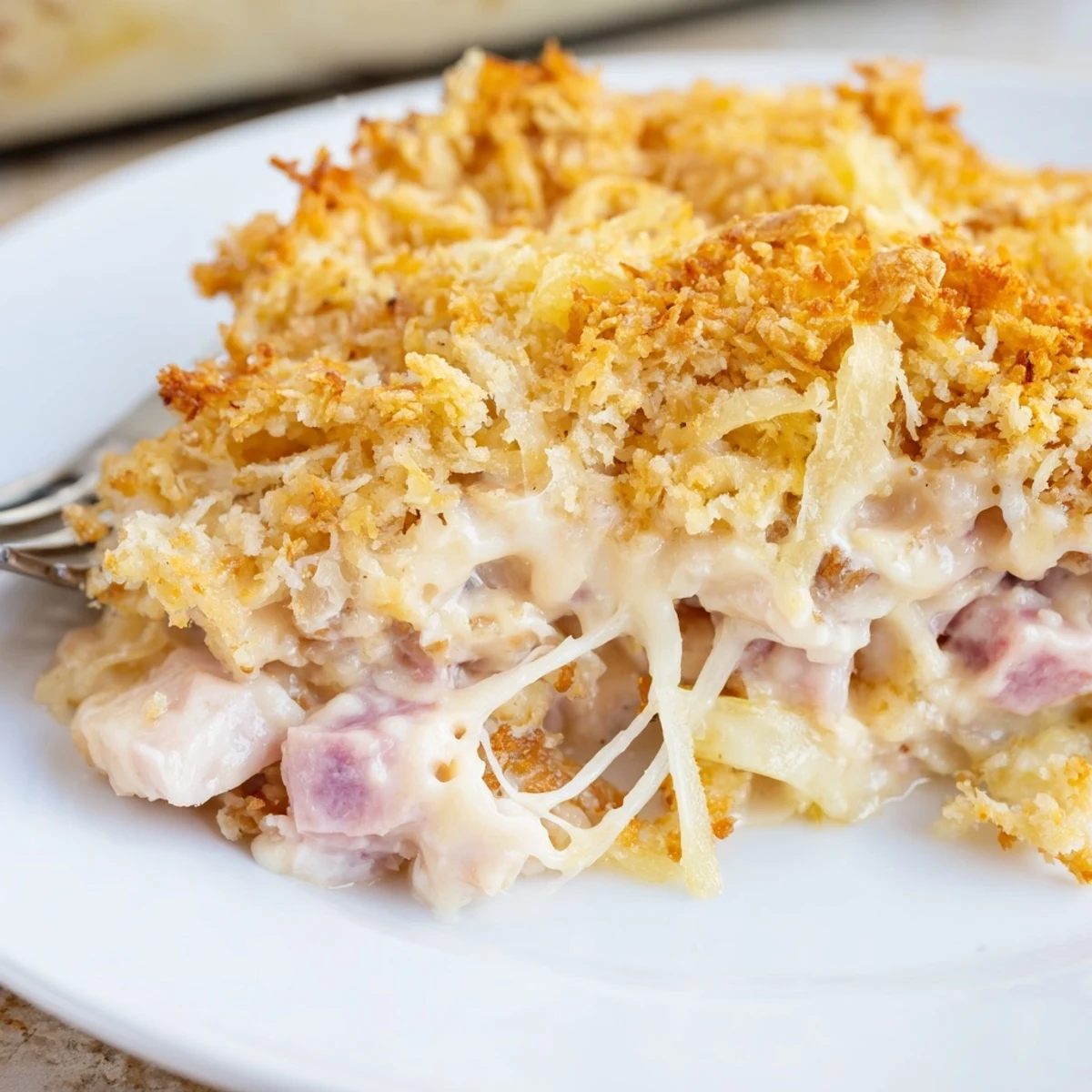Baked to golden perfection, Chicken Cordon Bleu Casserole rests beside crisp salad