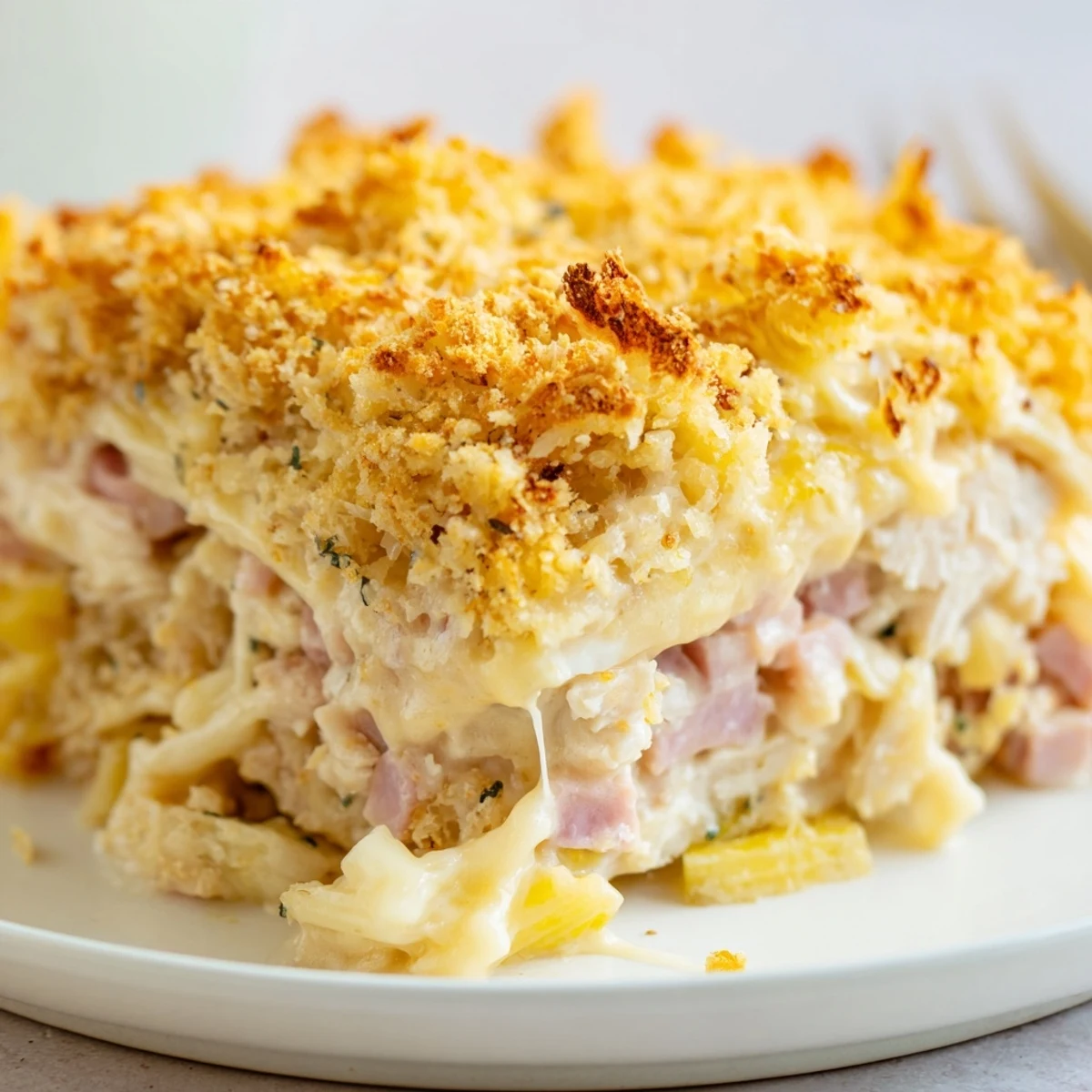 Creamy Dijon sauce coats shredded chicken and ham in Chicken Cordon Bleu Casserole