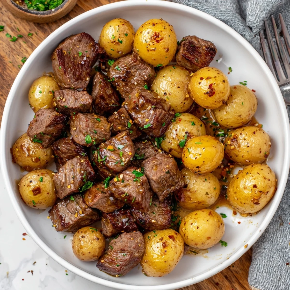 Sizzling Garlic Steak Bites and Potatoes in skillet, golden cubes and buttery garlic aroma