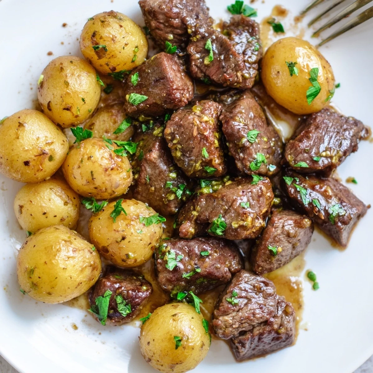 Pan-seared Garlic Steak Bites and Potatoes with crispy edges, ready to serve