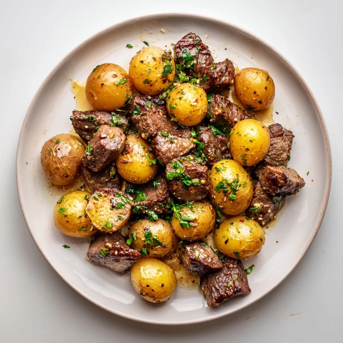 Garlic Steak Bites and Potatoes recipe piled on a skillet, fragrant garlic butter