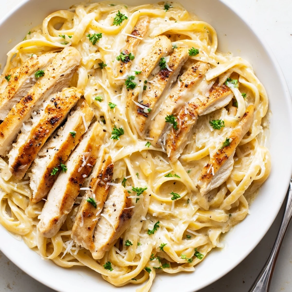 Creamy Garlic Chicken Pasta piled on plate, steaming, rich sauce glistening