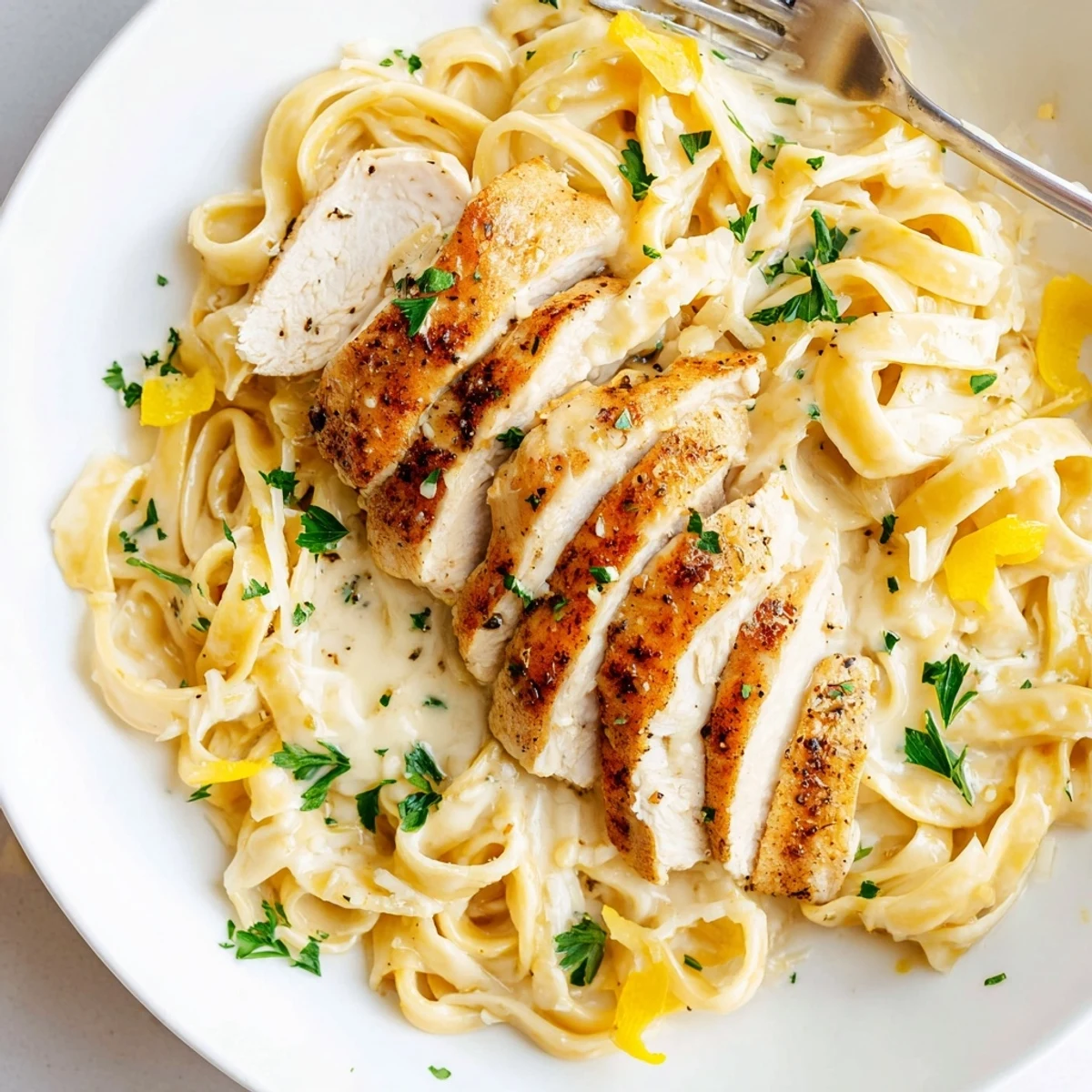 Sliced breasts atop Creamy Garlic Chicken Pasta, garlicky aroma, quick weeknight comfort