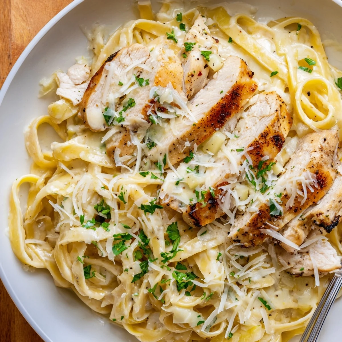 Fork twirling Creamy Garlic Chicken Pasta with parsley garnish and al dente fettuccine