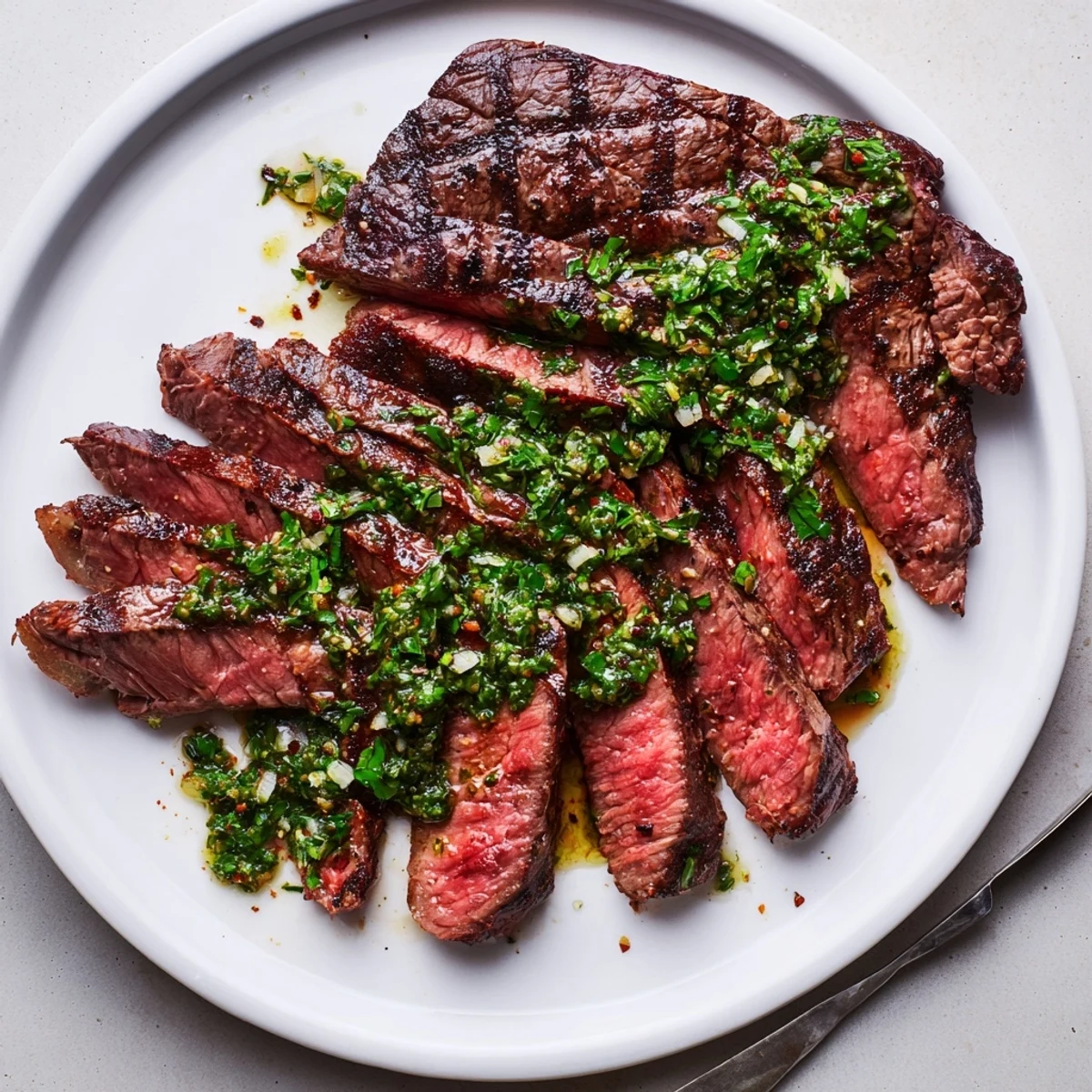 Sliced medium-rare steak resting, bright green sauce spooned over — Chimichurri Steak Recipe