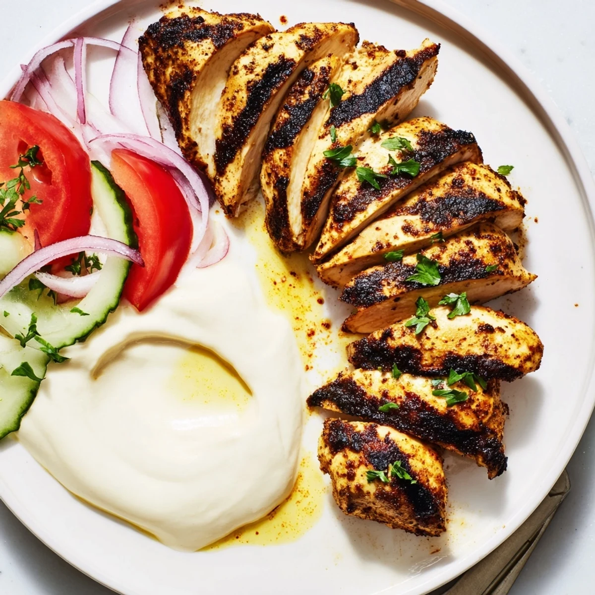 Shawarma Chicken With Garlic Sauce resting on warm pita, charred edges visible.