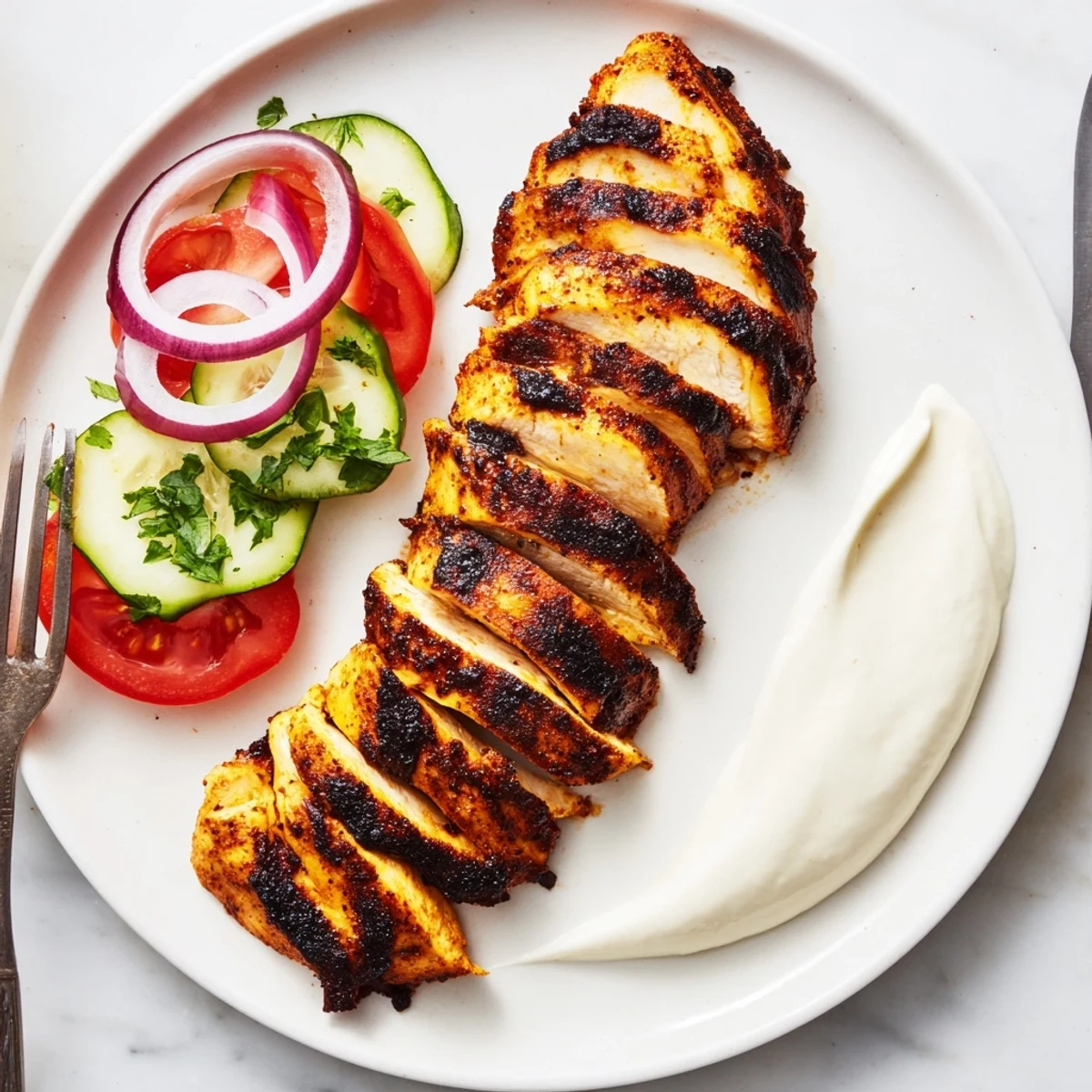 Plated Shawarma Chicken With Garlic Sauce, fluffy toum dollop and fragrant steam.