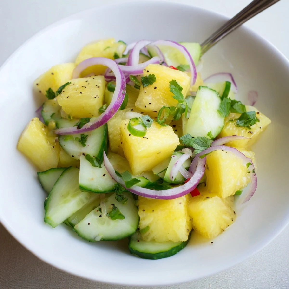 Bright Pineapple Cucumber Salad topped with sliced red chili and toasted cashews.