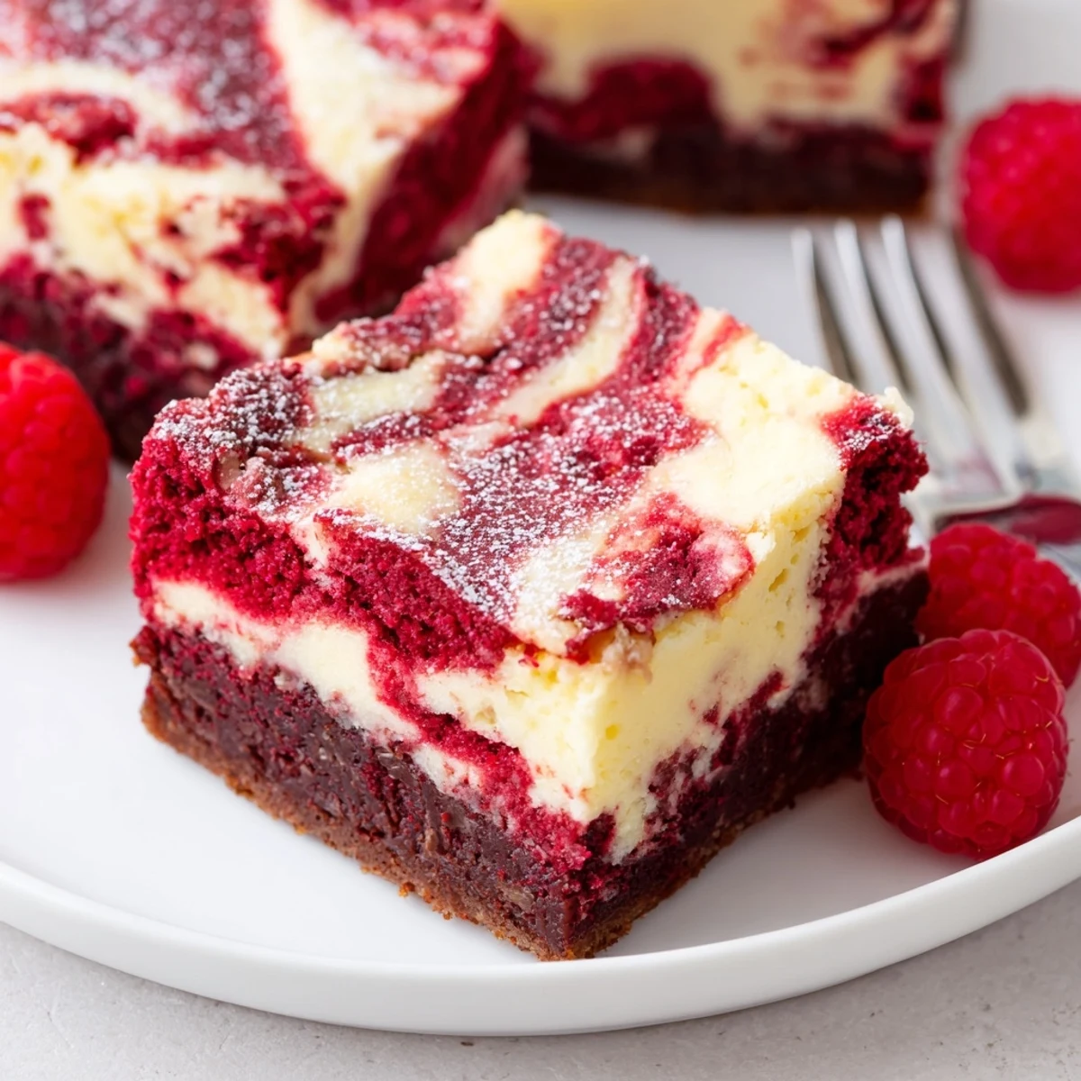 Square slices of Red Velvet Brownies With Cheesecake Layer, marbled, chilled.