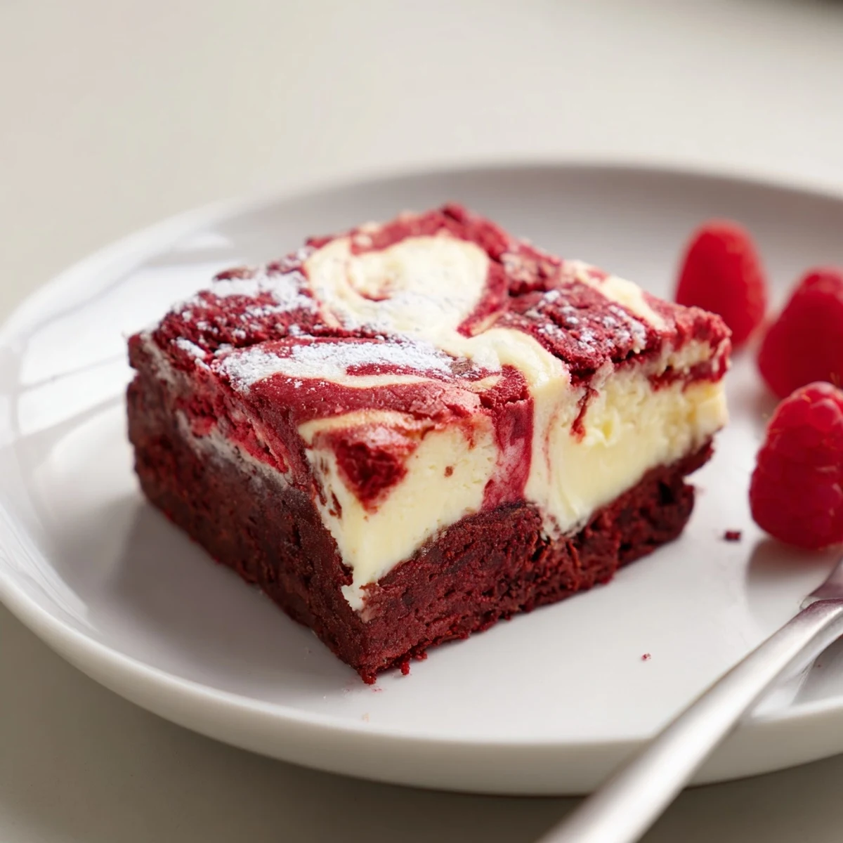 Close-up of Red Velvet Brownies With Cheesecake Layer, fudgy texture, powdered sugar.