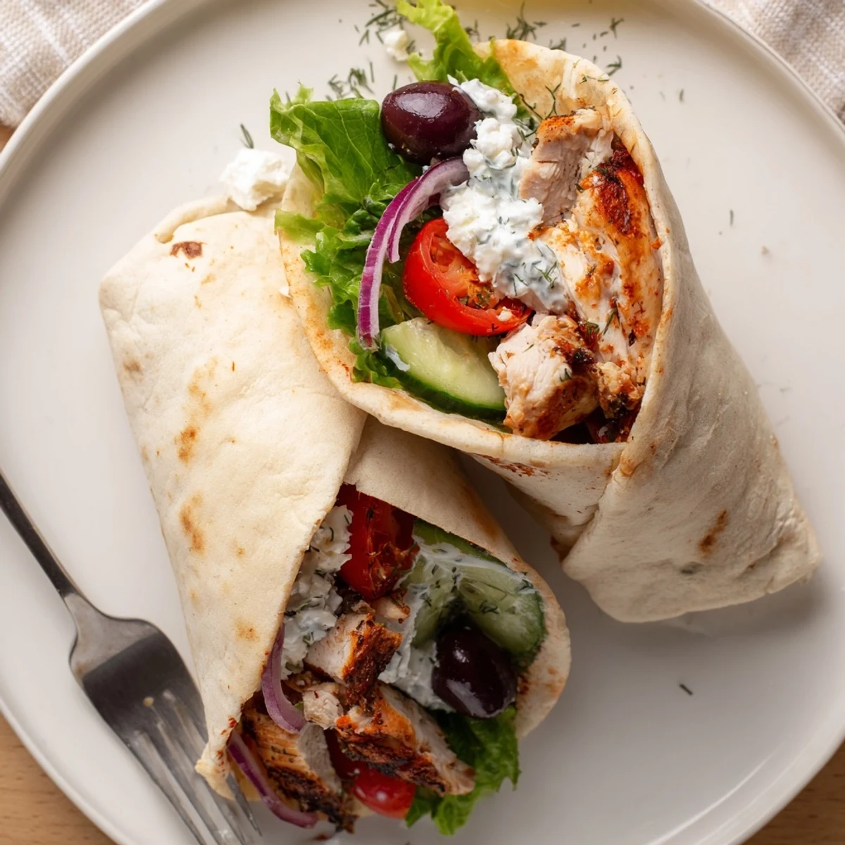 Mediterranean Chicken Pita Wraps filled with charred strips, crisp cucumber, creamy yogurt.