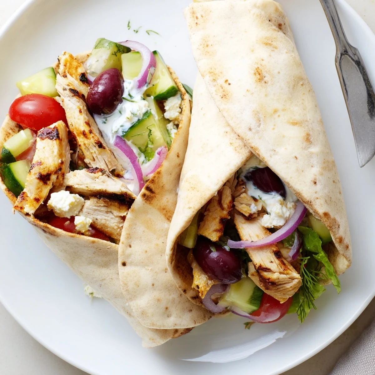 Warm Mediterranean Chicken Pita Wraps on plate, tangy feta and dill drizzle.