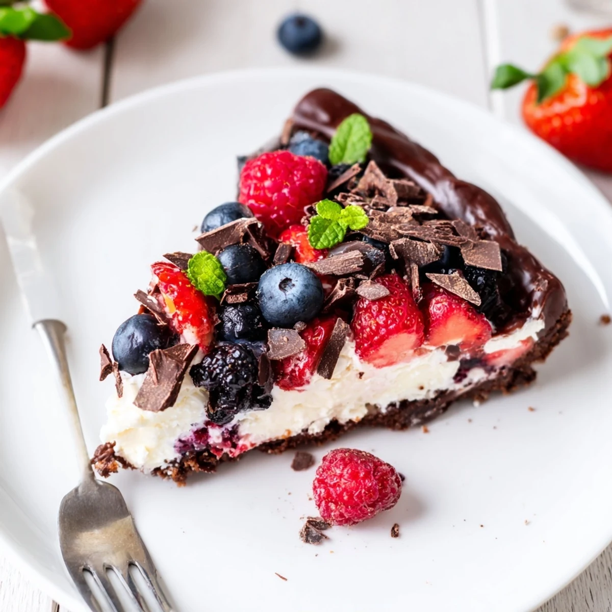 Layered chocolate, vanilla cream, and berries crown The Ultimate Dessert Recipe.
