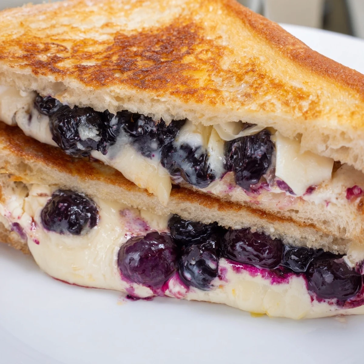 Juicy Blueberry Grilled Cheese with golden toasted brioche, melted cheese oozing