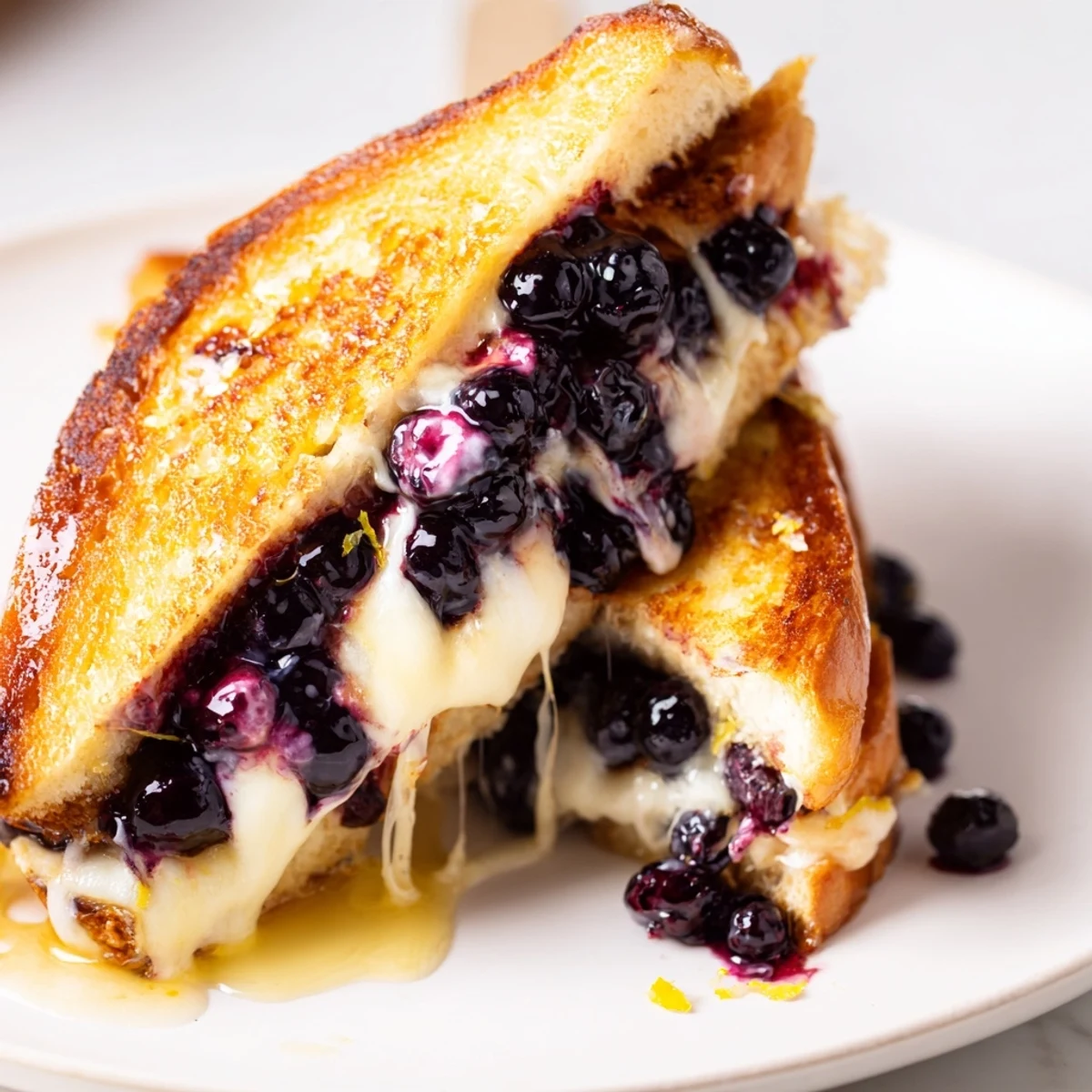 Slice of Juicy Blueberry Grilled Cheese steaming, sweet blueberries bursting inside