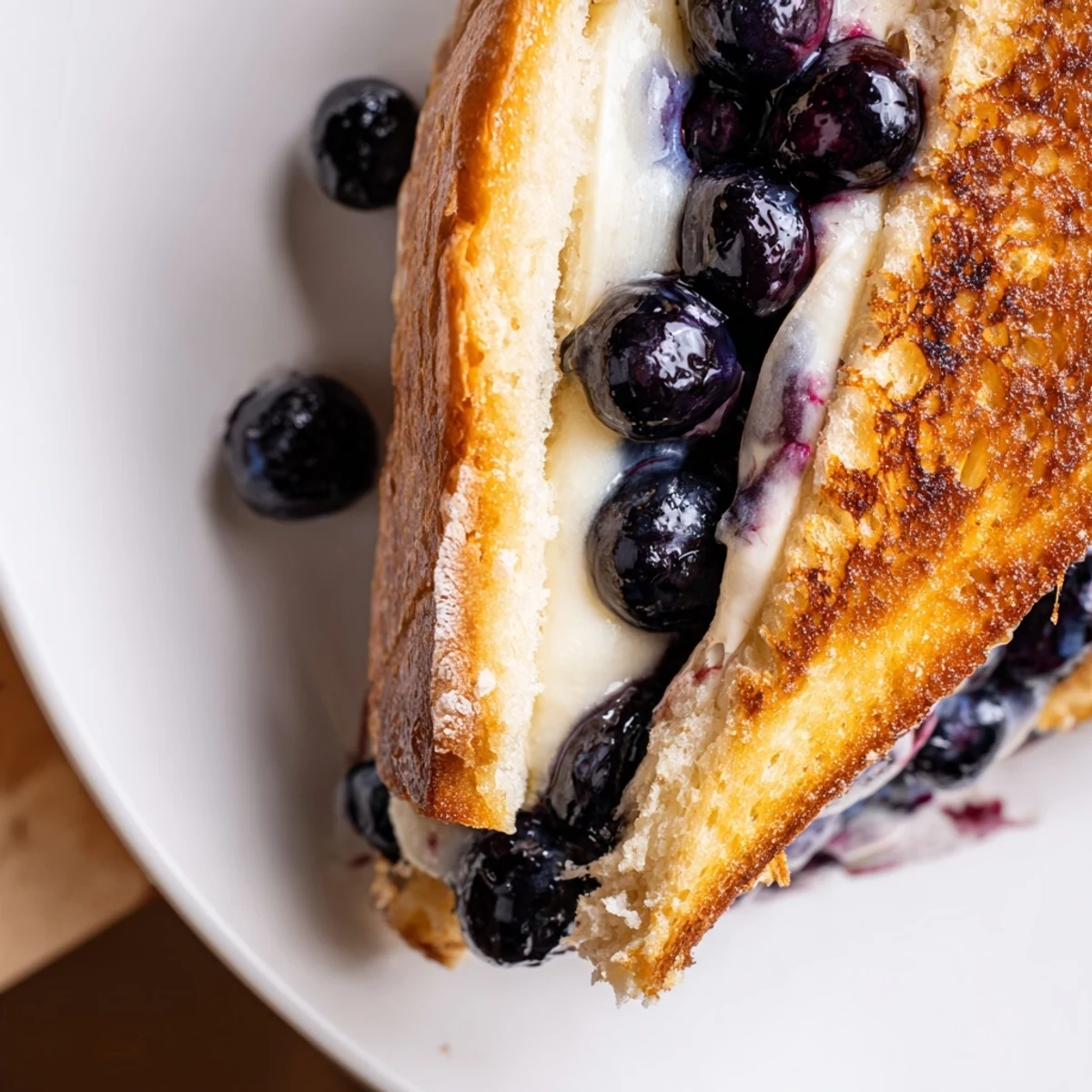 Warm Juicy Blueberry Grilled Cheese halved on plate, served with tomato soup