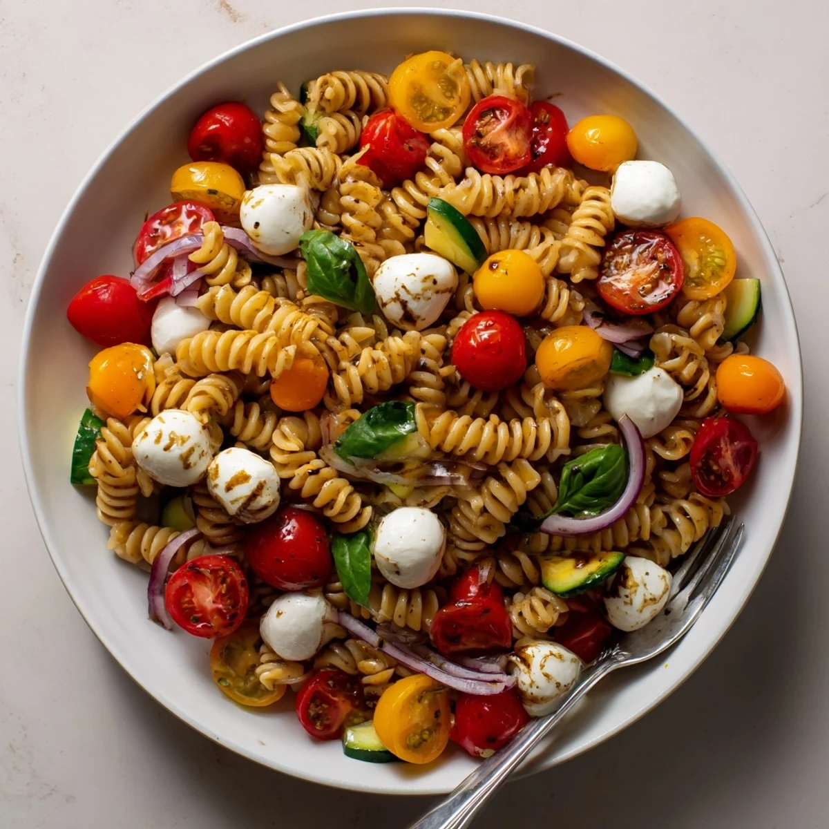 Colorful Caprese Pasta Salad piled in a bowl, cherry tomatoes glistening.