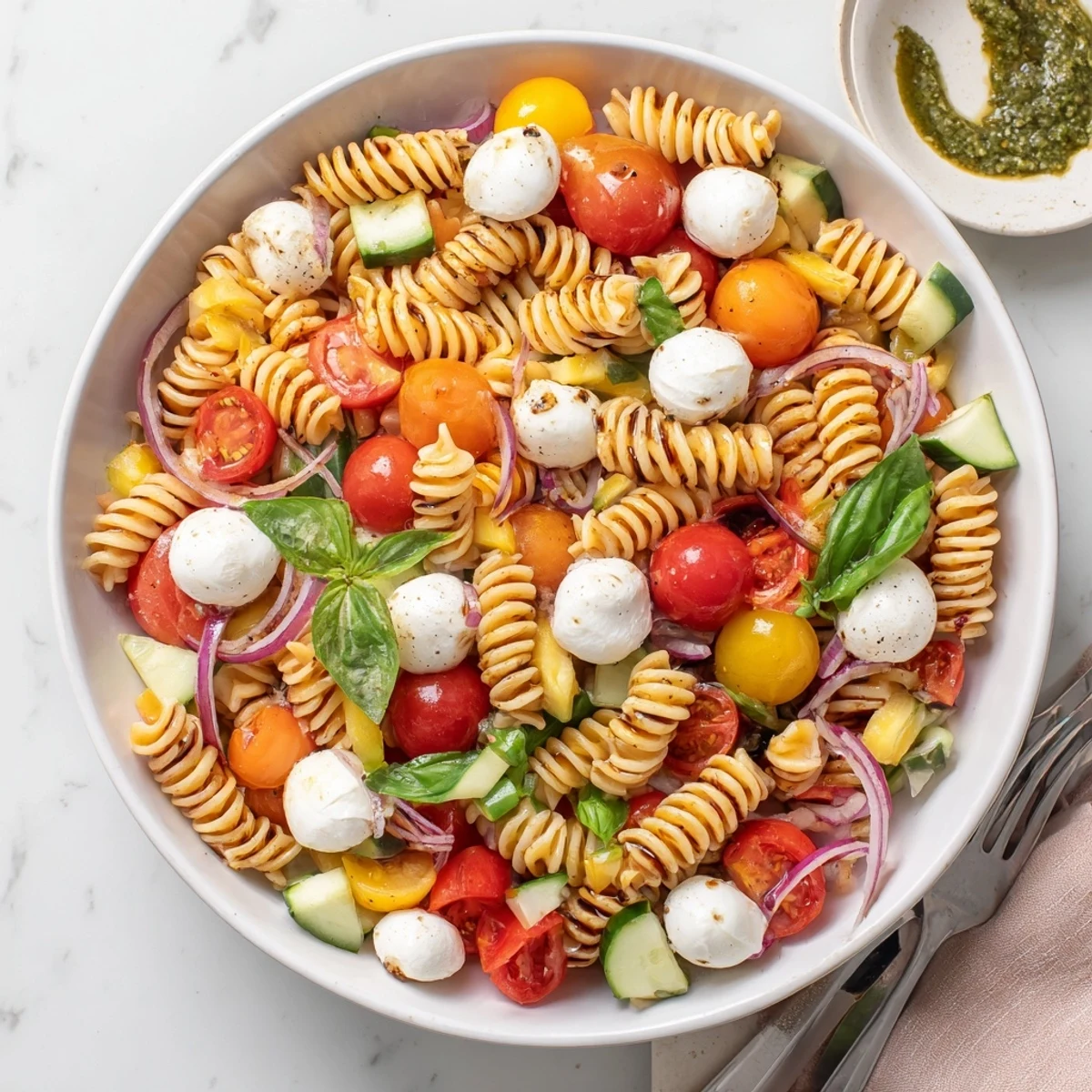 Creamy mozzarella shines in Colorful Caprese Pasta Salad, basil-scented.