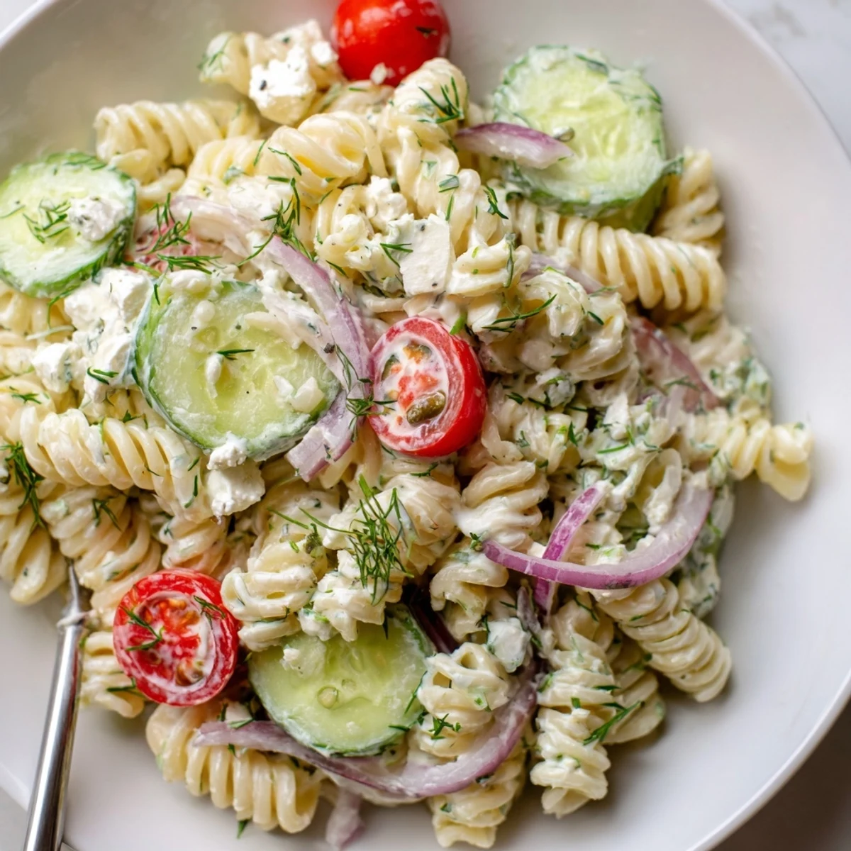 Cucumber Pasta Salad with creamy lemon and dill dressing, chilled and ready for picnics