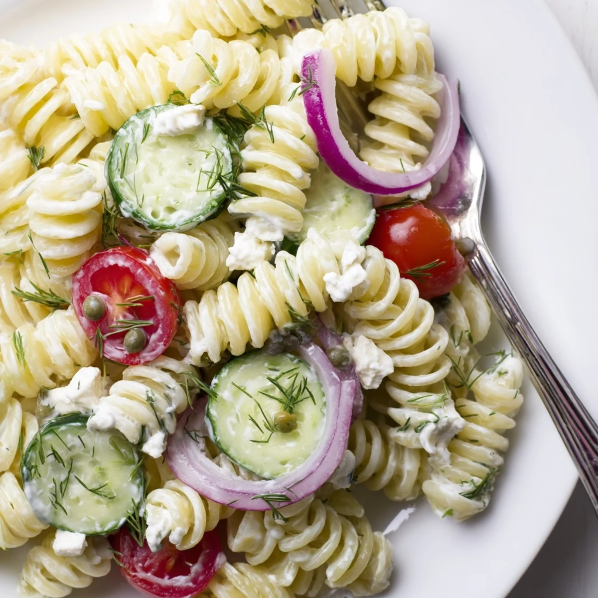 Zesty Cucumber Pasta Salad glistening with garlicky yogurt dressing, served in a bowl