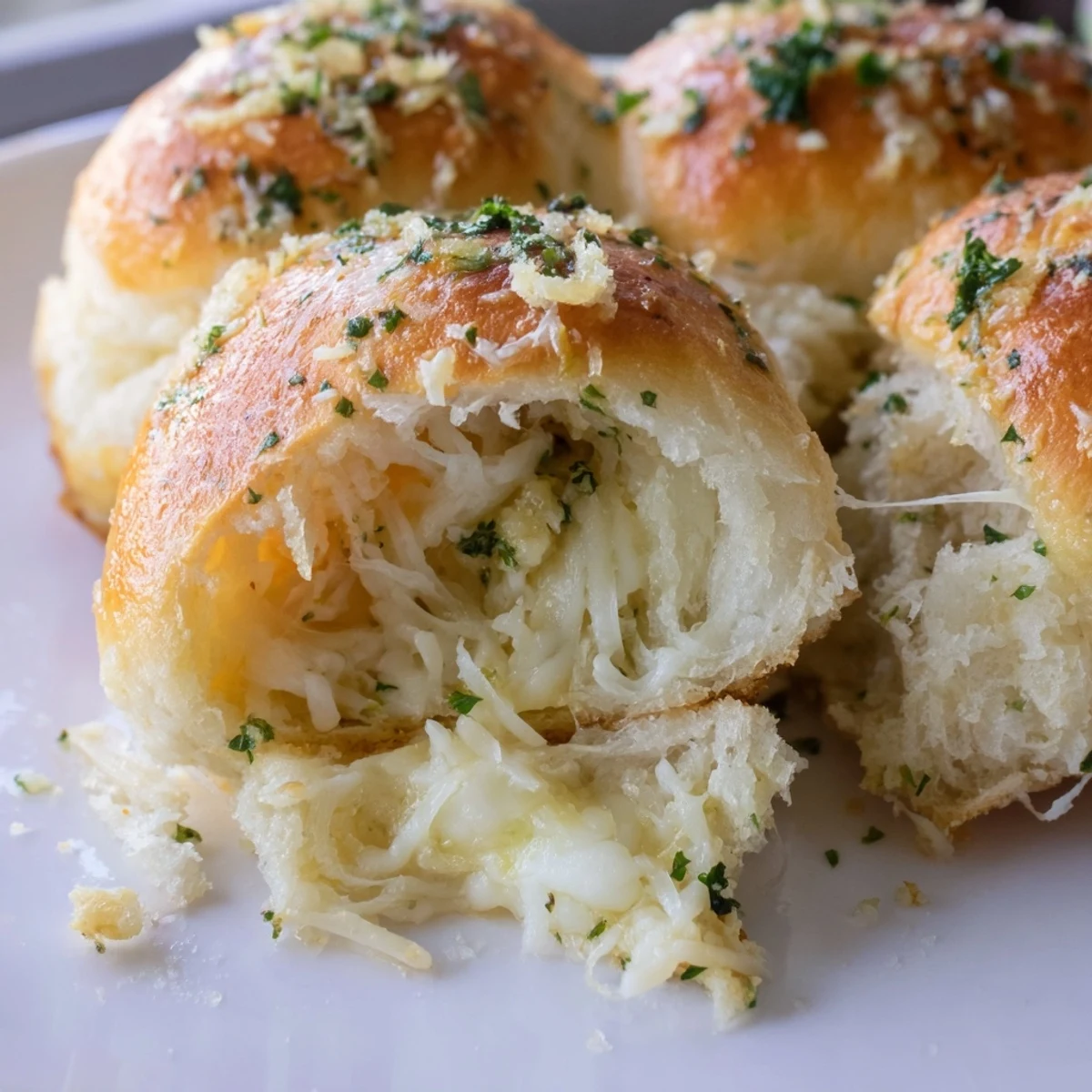 Plated Buttery Cheese Garlic Rolls beside tomato soup, gooey cheese stretching