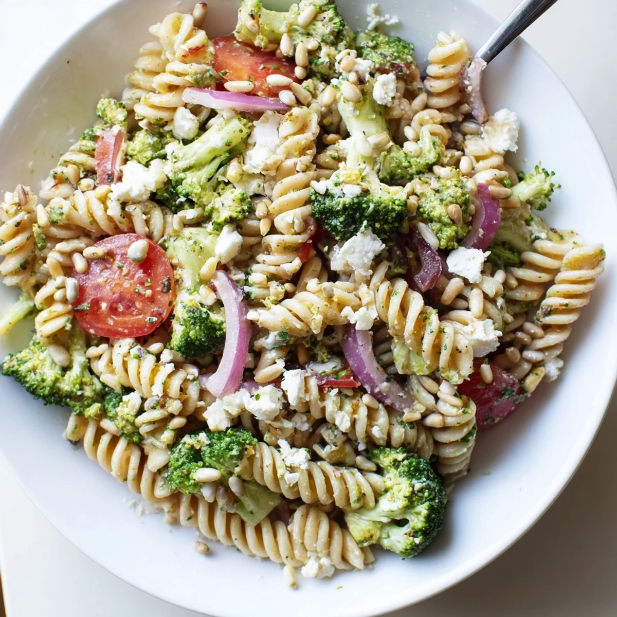 Broccoli Pasta Salad with bright cherry tomatoes, tender florets, zesty dressing.