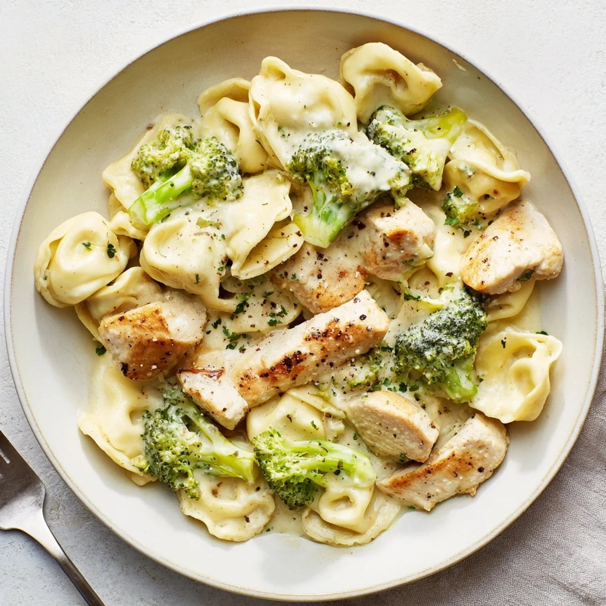 Plate of Creamy Garlic Parmesan Tortellini Chicken Broccoli Recipe garnished with fresh parsley