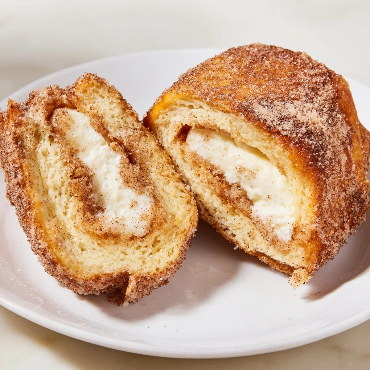 Stacked Cinnamon Roll French Toast Roll Ups on plate, drizzled with maple syrup